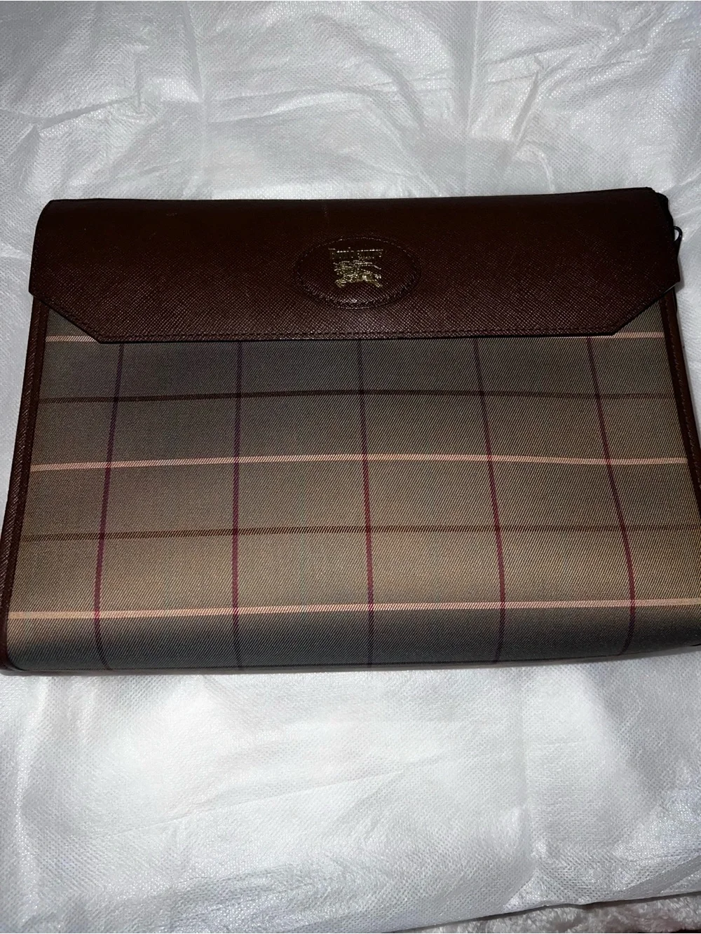 Burberry Brown Plaid Leather-Trim pouch